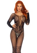 Leg Avenue 89190 Bodystocking de manga larga de red y encaje floral, abierto