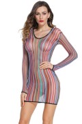 Dear-lover 22562 Fischnetz Streifen Minikleid Hemd in Regenbogenfarben